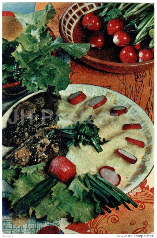 potatoes with liver - salad - radish - Food for Children - dishes  - cuisine - 1972 - Russia USSR - unused - JH Postcards