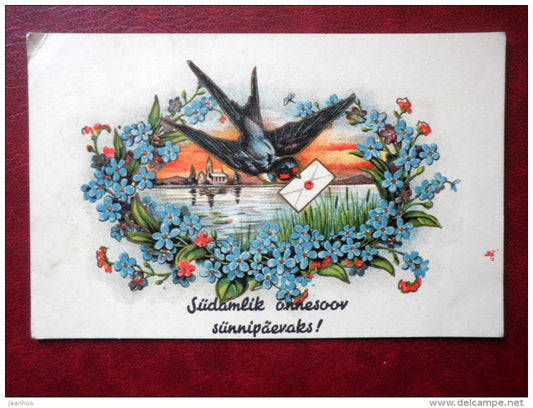 Birthday Greeting Card - hepatica - swallow - flowers - birds - mail - circulated in Estonia 1938 , Rakvere - used - JH Postcards