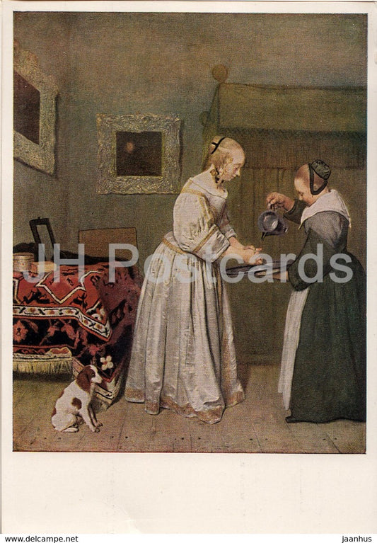 painting by Gerard ter Borch - Woman Washing Hands - dog - Dutch art - Germany DDR - unused - JH Postcards