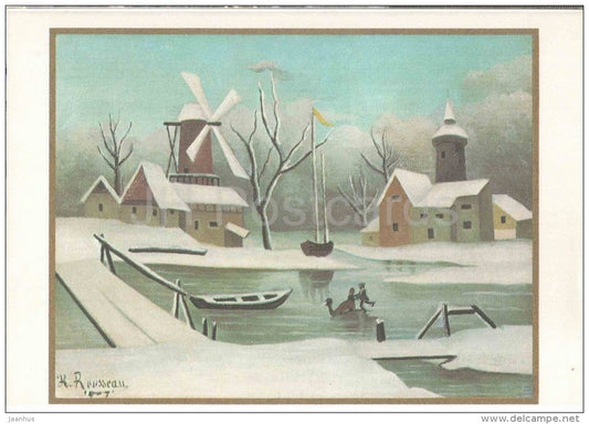 New Year Greeting card -painting by Henri Rousseau - Winter - windmill - boat - skating - unused - JH Postcards