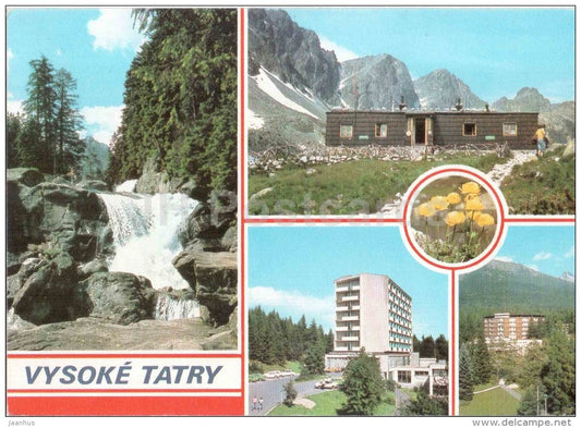 mountain river - cottage - hotel - Vysoke Tatry - High Tatras - Czechoslovakia - Slovakia - used 1983 - JH Postcards