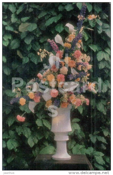 Evening in the Pavlovsk Park - rose - carnation - calla - bouquet - ikebana - flowers - 1985 - Russia USSR - unused - JH Postcards