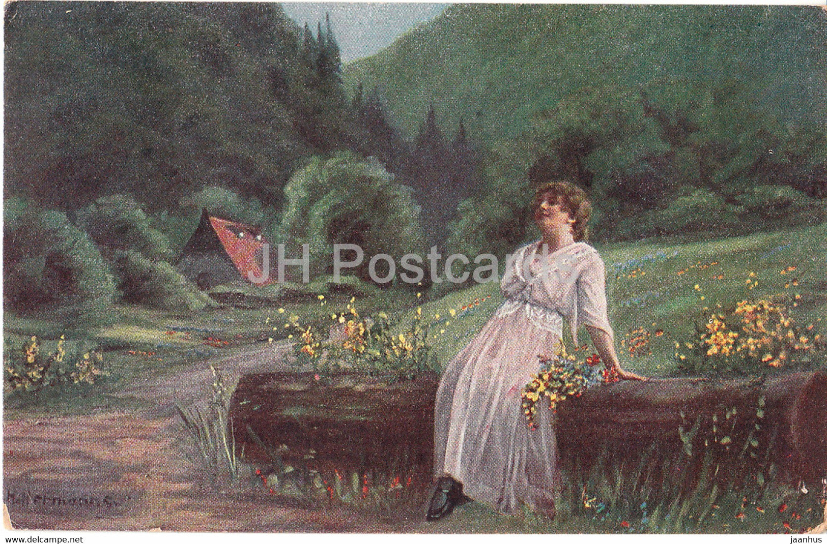 painting by Heinrich Hermanns - Im Stillen Tal - WSSB 6015 - German art - old postcard - 1922 - Germany - used - JH Postcards