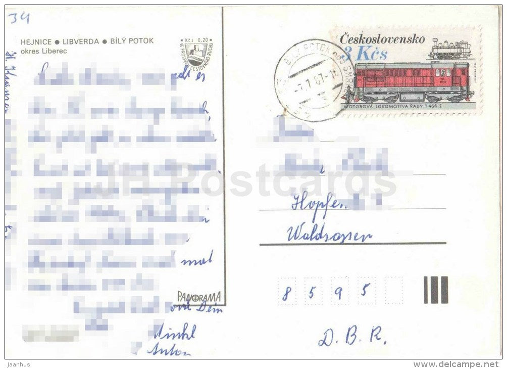 Hejnice - Libverda - Bily Potok - near Liberec - stamp lovomotive - Czechoslovakia - Czech - used 1987 - JH Postcards
