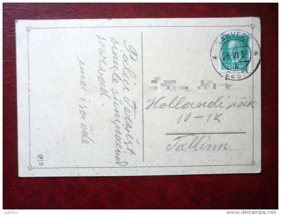 Birthday Greeting Card - hepatica - swallow - flowers - birds - mail - circulated in Estonia 1938 , Rakvere - used - JH Postcards