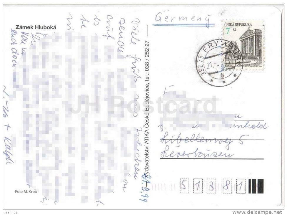 The State Chateau of Hluboka - castle - Czech Republic - used 1999 - JH Postcards