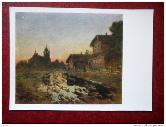 painting by N. Dubovsky , Evening in the village after the rain , 1906 - church - russian art  - unused - JH Postcards