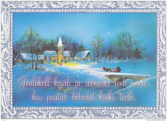 Christmas Greeting Card - church - horse sledge - illustration - Estonia - used in 2004 - JH Postcards