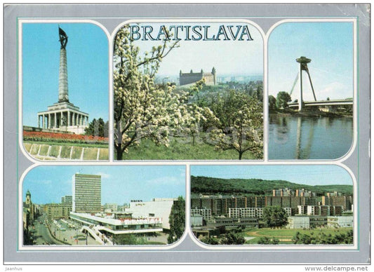 Bratislava - Slavin monument - castle - SNP bridge - hotel Kyjev - Czechslovakia - Slovakia - used 1981 - JH Postcards