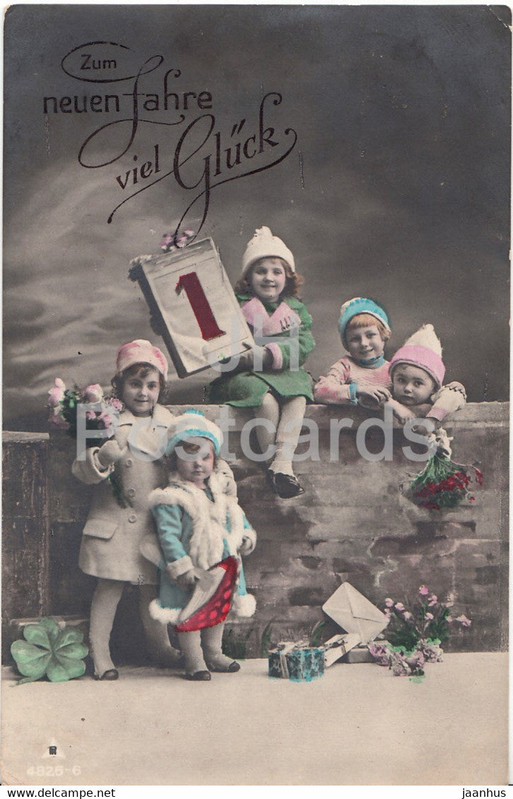 New Year Greeting Card - Zum neuen Jahre viel Gluck - chldren - old postcard - 1922 - Germany - used - JH Postcards
