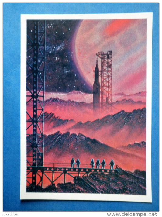 illustration by  A. Sokolov - Launching Site on Jupiters Satellite - spaceship - Russia USSR - 1973 - unused - JH Postcards