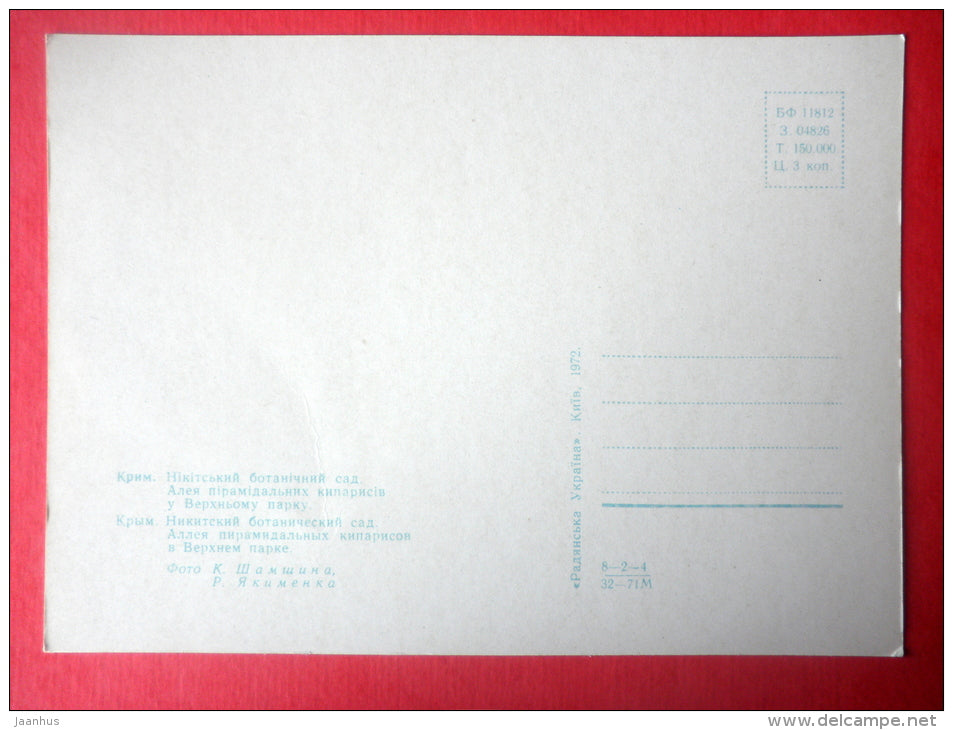 Pyramidal Cypress alley in Upper Park - Nikitsky Botanical Garden - Yalta - Crimea - 1972 - Ukraine USSR - unused - JH Postcards