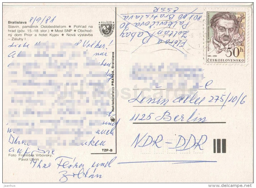 Bratislava - Slavin monument - castle - SNP bridge - hotel Kyjev - Czechslovakia - Slovakia - used 1981 - JH Postcards