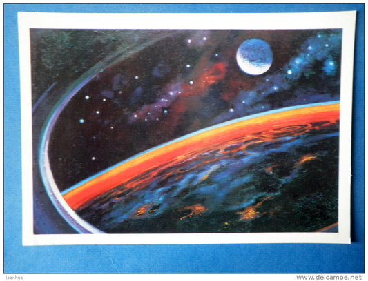 illustration by cosmonaut  A. Leonov - Sunrise in Outer Space - space - Russia USSR - 1973 - unused - JH Postcards