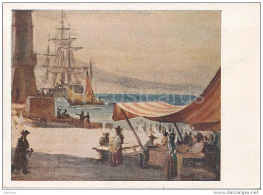 painting by A. Parkhomenko - Naples Embankment - sailing ship - market - Napoli - russian art - unused - JH Postcards