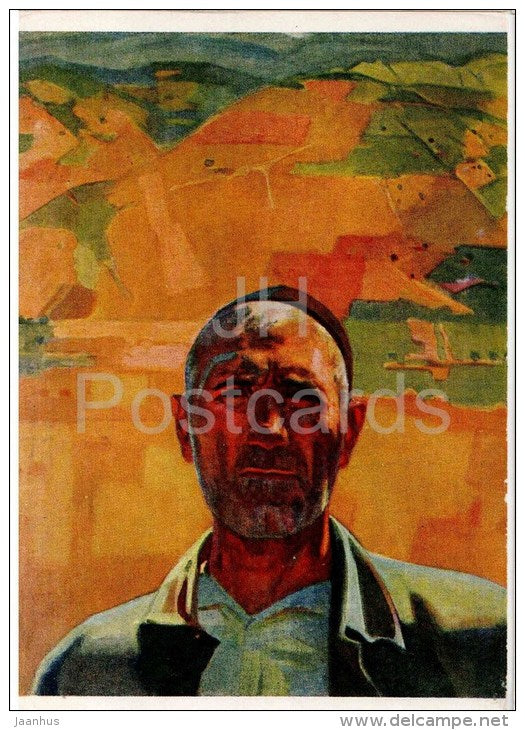 painting by G. Gelovani - Portrait of kolkhoz worker Alexey Mitulishvili , 1961 - georgian art - unused - JH Postcards