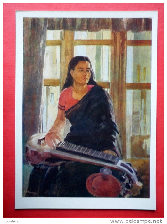 painting by Bhushan - Last Melody - music instrument , sitar - woman - contemporary art - art of india - unused - JH Postcards