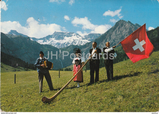 Bei Adelboden - Berner Oberland - Wildstrubel - Alphorn - Swiss folk costumes - 1969 - Switzerland - used - JH Postcards