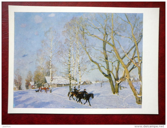 painting by K. Yuon , March sun 1915 - winter - horses - russian art - unused - JH Postcards
