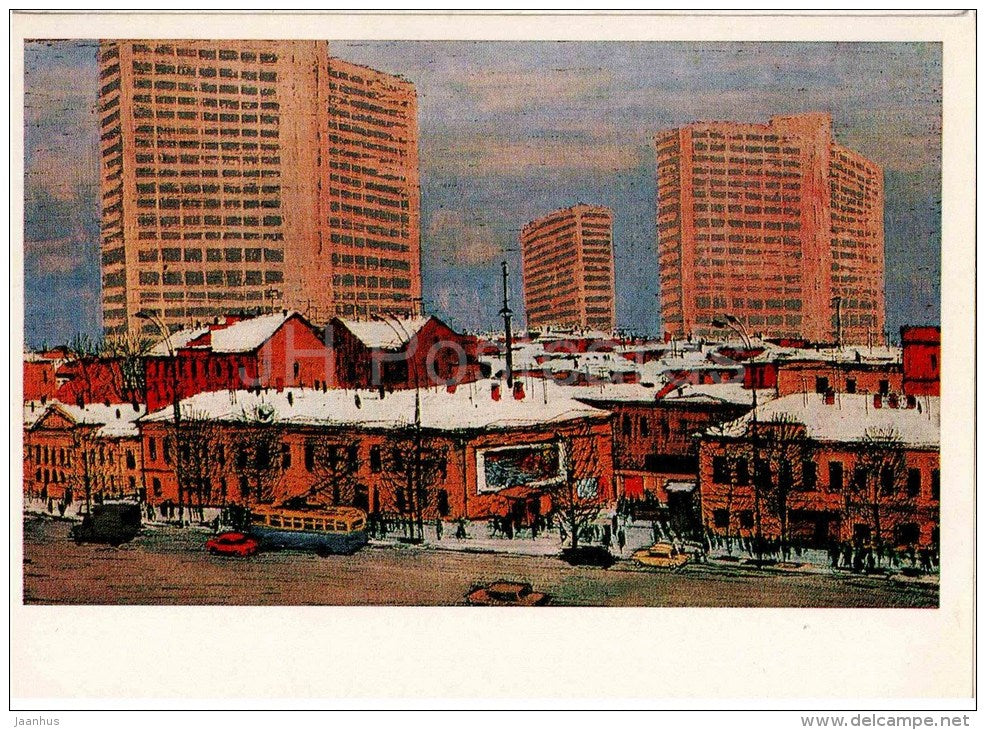 painting by L. Korsakov - Moscow . Kalinin avenue , 1972 - trolleybus - houses - russian art - unused - JH Postcards