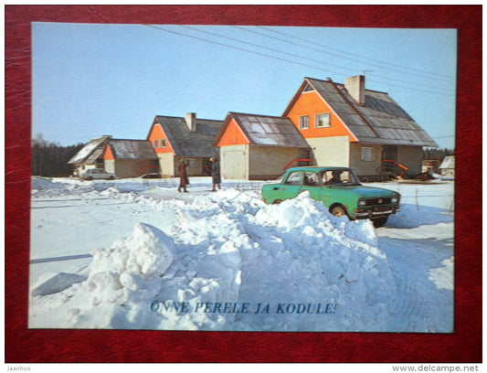 New Year Greeting Card - residential buildings - car Moskvich - 1985 - Estonia USSR - unused - JH Postcards