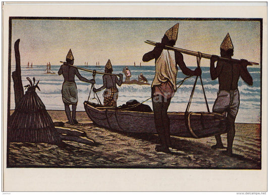 painting by Haren Das - Go to Sea - boat - Indian art - 1955 - Russia USSR - unused - JH Postcards