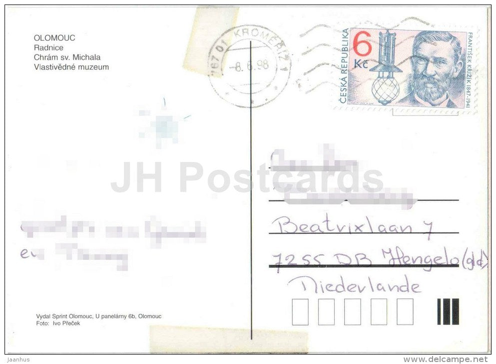 Olomouc - Town Hall - Ethnographic Museum - St. Michael cathedral - tram - Czech - used 1998 - JH Postcards