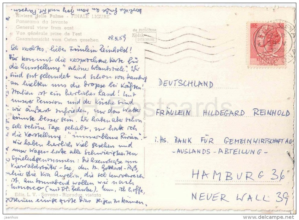 Finale Ligure - Riviera delle Palme , beach - Savona - Liguria - Italia - Italy - sent from Italy to Germany 1959 - JH Postcards