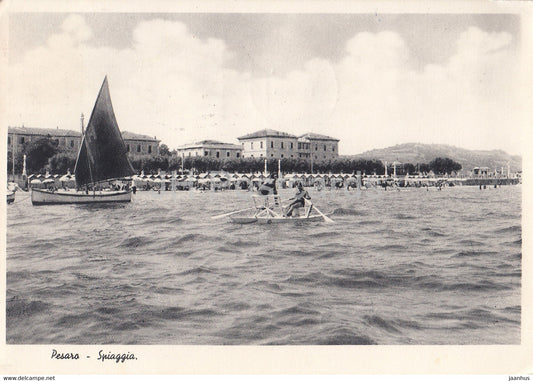 Pesaro - Spiaggia - beach - sailing boat - old postcard - 1937 - Italy - used - JH Postcards