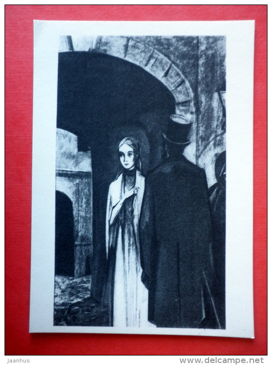 illustration by V. Minayev - Woman and Man - A Gentle Creature by F. Dostoyevsky - 1971 - USSR Russia - unused - JH Postcards