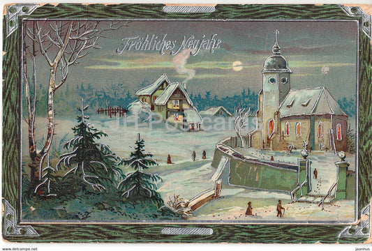 New Year Greeting Card - Frohliches Neujahr - church - winter - 392 - old postcard - 1910 - Germany - used - JH Postcards
