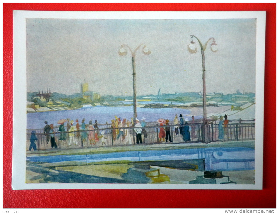 painting by M. Mironova . On the Dnieper river . Kiev , 1960 - bridge - ukrainian art  - unused - JH Postcards
