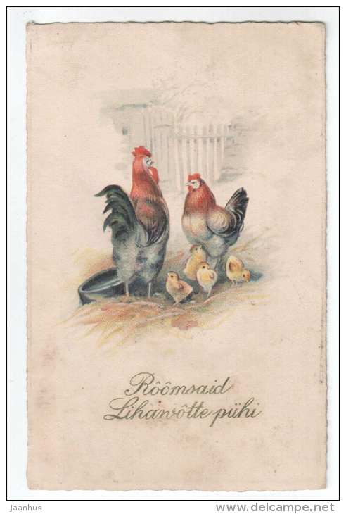 Easter Greeting Card - cock - chicken - hen - ERIKA 5883 - old postcard - circulated in Estonia 1925 Kadrina - used - JH Postcards