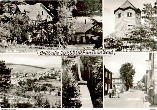 Gruss aus Cursdorf im Thur Wald - Thalmuhle - Jugend Schanze - Ortsstrasse - Meuselbacher Kuppe - Germany DDR - used - JH Postcards