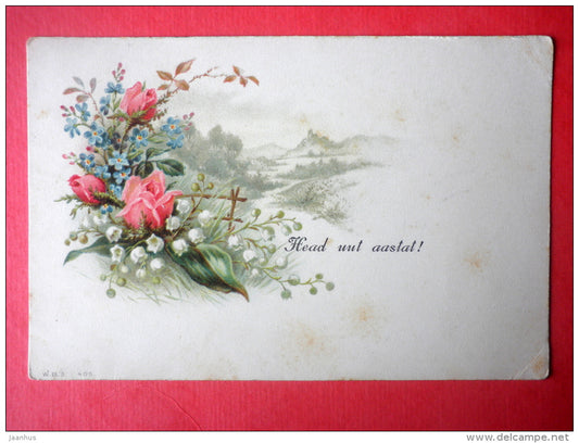 new year greeting card - flowers - roses - Hepatica - W.B.B 405 - circulated in Imperial Russia Estonia Reval 1912 - JH Postcards