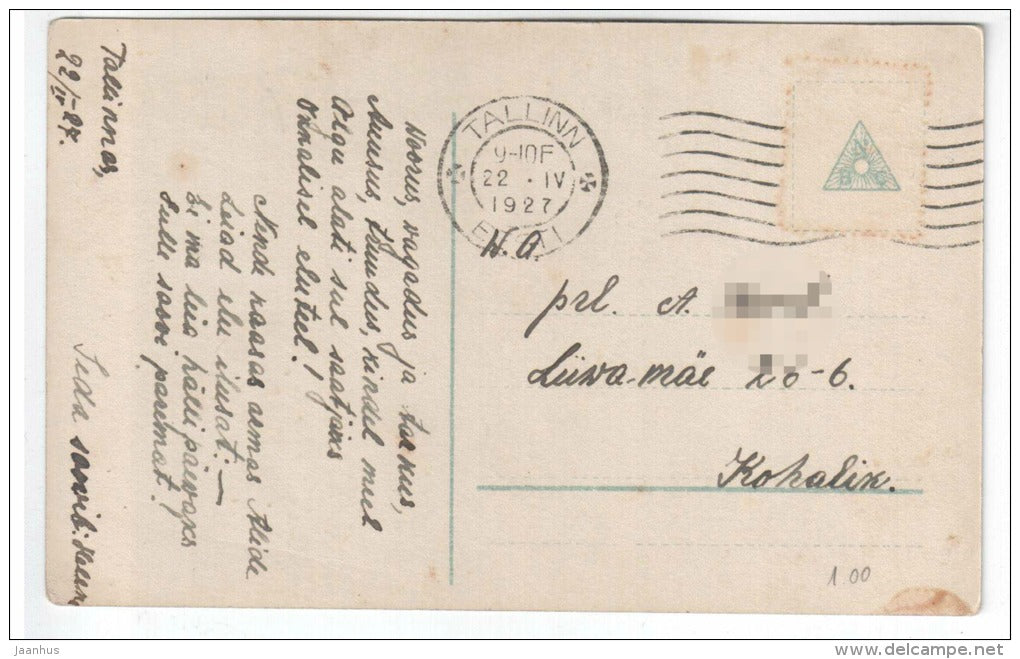 woman - dove - R &amp; K L S411/6 - old postcard - circulated in Estonia 1927 , Tallinn - used - JH Postcards