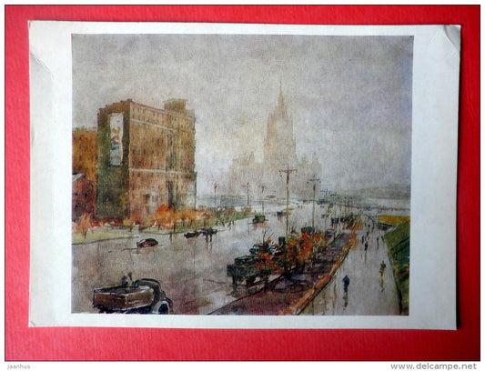 painting by N. Volkov - Kutuzov avenue , prospekt , 1960 - cars - Moscow - russian art - unused - JH Postcards