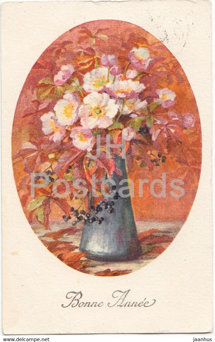 New Year Greeting Card - Bonne Annee - flowers in a vase - old postcard - 1926 - Switzerland - used - JH Postcards