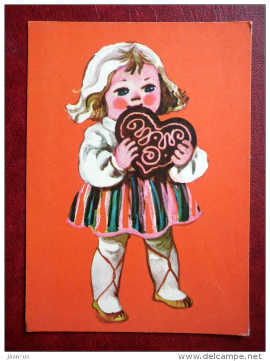 New Year Greeting card - by L. Härm - gingerbread - girl - 1978 - Estonia USSR - used - JH Postcards