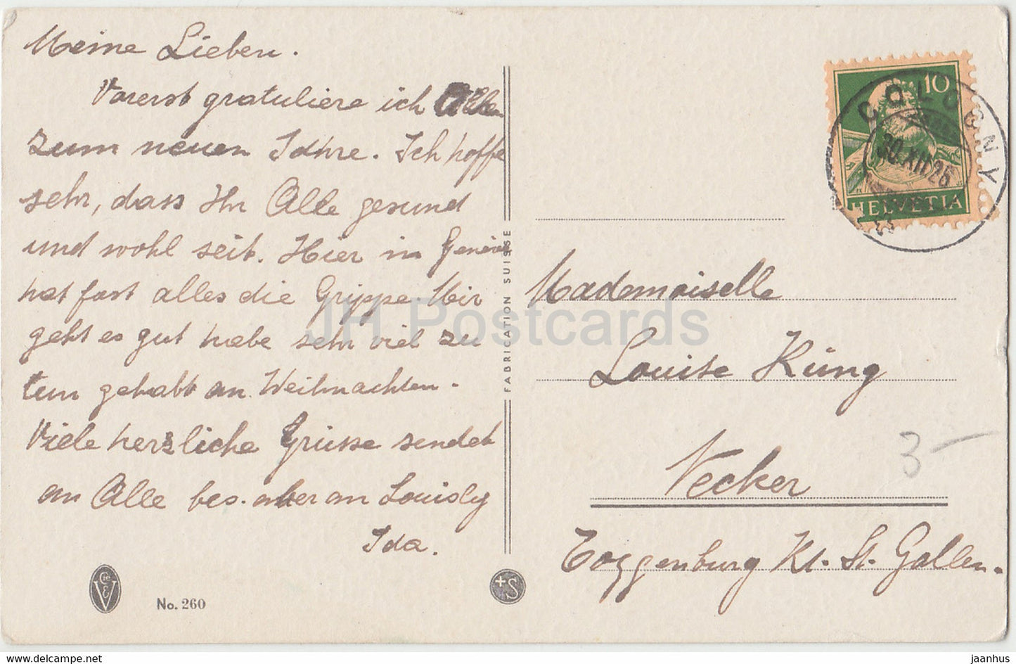 Neujahrsgrußkarte – Bonne Annee – Blumen in einer Vase – alte Postkarte – 1926 – Schweiz – gebraucht