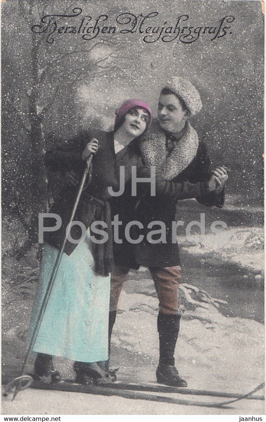 New Year Greeting Card - Herzlichen Neujahrsgruss - couple - skiing - 767 - old postcard - 1922 - Germany - used - JH Postcards