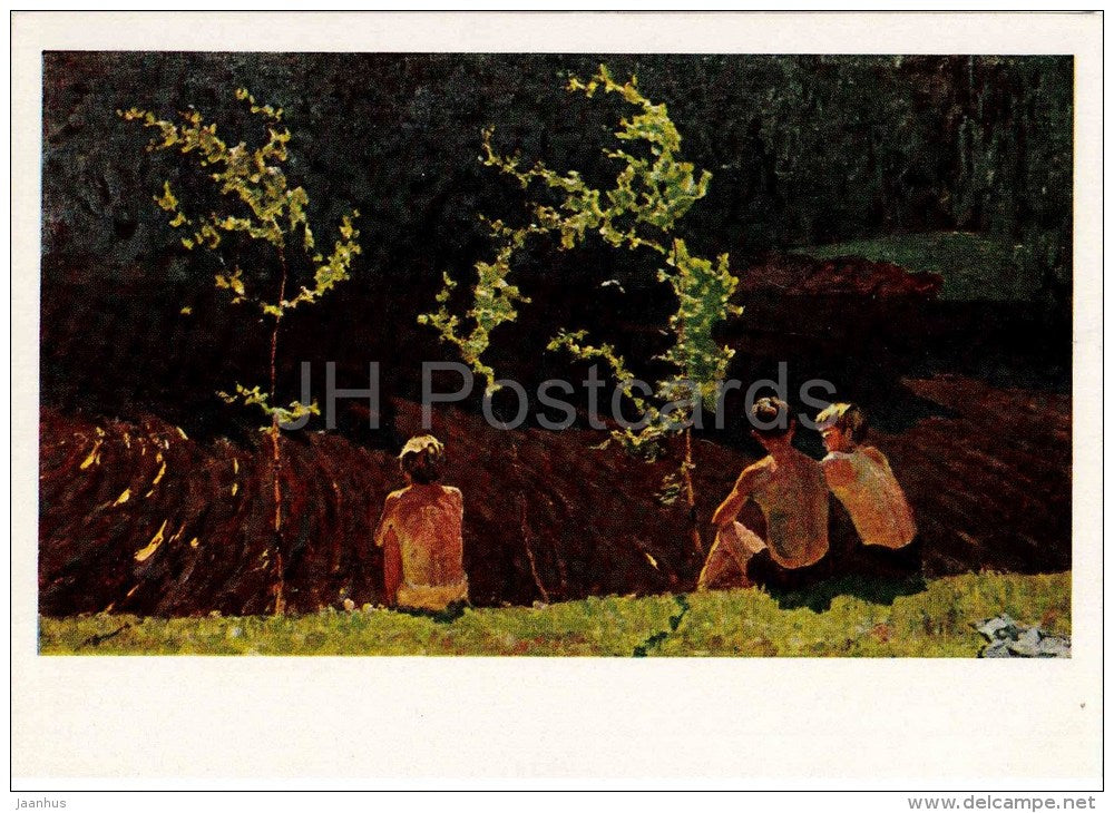 painting by V. Kosenkov - Morning , 1964 - boys - russian art - unused - JH Postcards