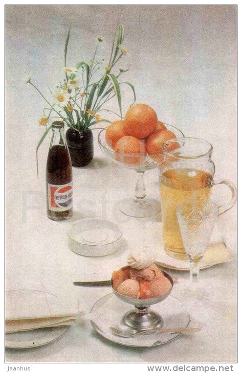table for cold desserts - Pepsi - orange - ice cream - Table Setting - 1985 - Russia USSR - unused - JH Postcards
