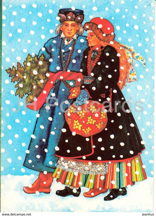 New Year Greeting card by Viive Noor - People in Estonian Folk Costumes - 1 - 1989 - Estonia USSR - used - JH Postcards