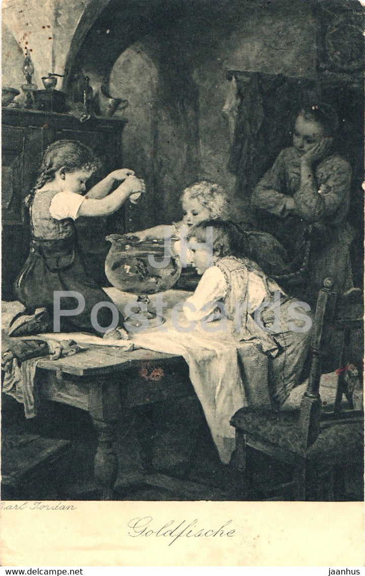 painting by Carl Jordan - Goldfische - children - goldfish - MKB 5003 - German art - old postcard - 1917 Germany - used - JH Postcards