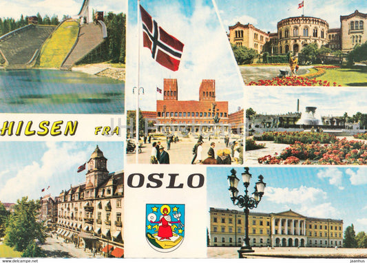 Hilsen fra Oslo - ski jumping hill - official buildings and sights of oslo - Norway - unused - JH Postcards