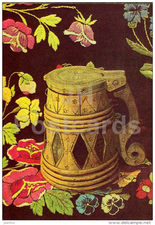 New Year Greeting card - 2 - beer mug - embroidered quilt - 1983 - Estonia USSR - used - JH Postcards
