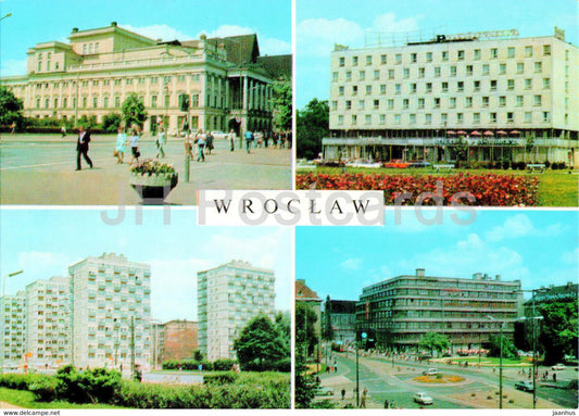 Wroclaw - Gmach Opera - hotel Panorama - ulica Jozefa Wieczorka - Opera House - street - multiview - Poland - unused - JH Postcards