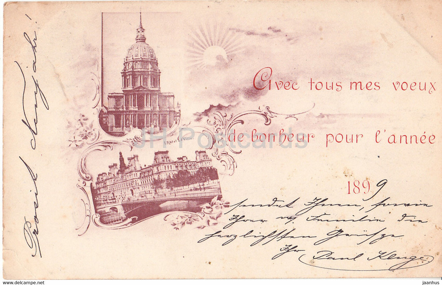 Paris - Avec tous mes voeux de bonheur pour l'annee 1899 - old postcard - 1898 - France - used - JH Postcards