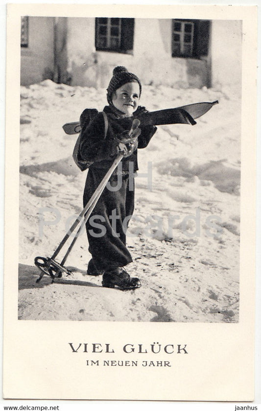 New Year Greeting Card - Viel Gluck im Neuen Jahr - girl - skiing - old postcard - 1946 - Germany - used - JH Postcards